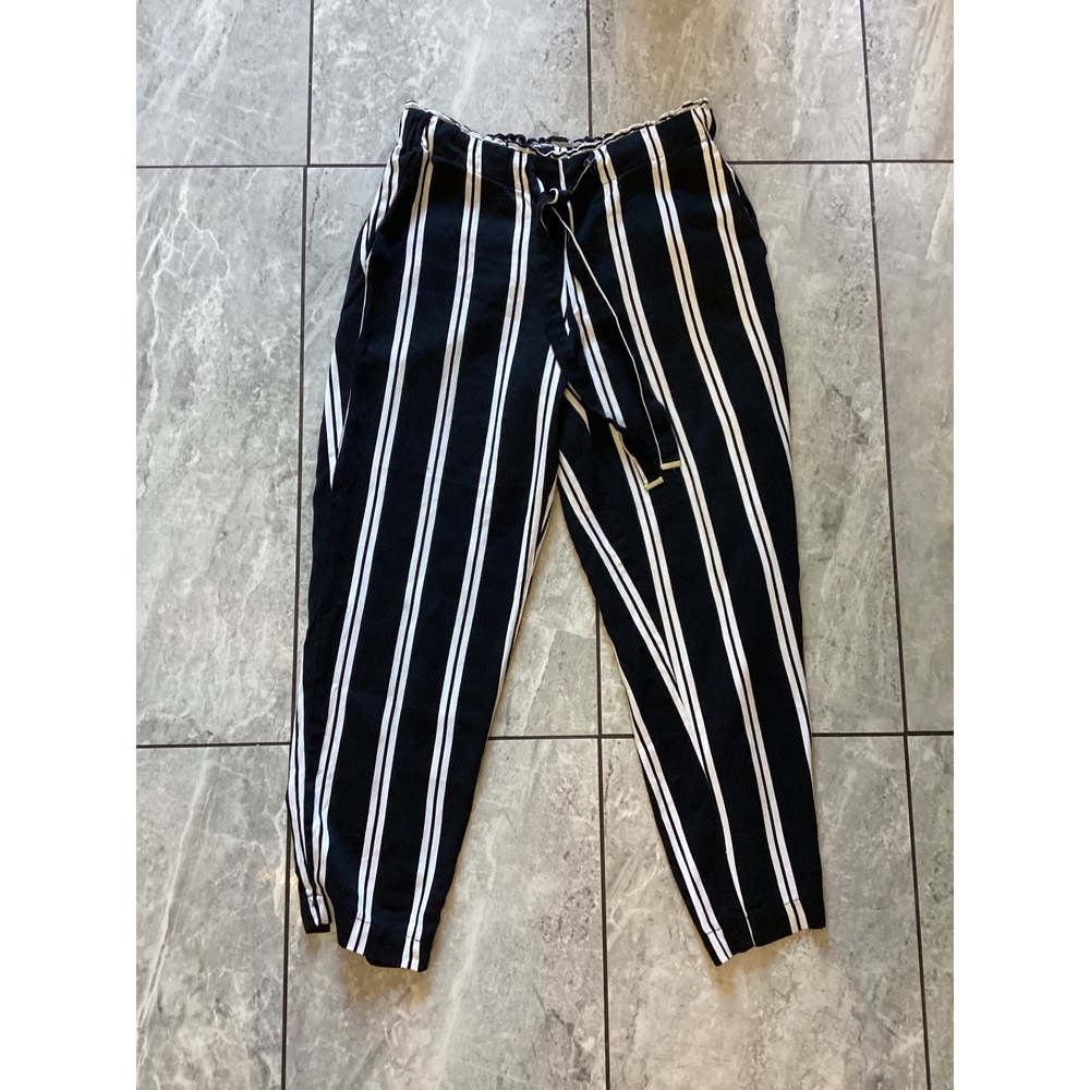 Mango Basics Black White Stripe Paperbag Waist Tie Belt Cropped Pants Women's S